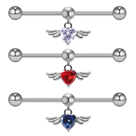 316L Stainless Steel Industrial Barbell Earring Zirconia Heart Angel Wings Piercing Jewelry Elegant Ear Bone Stud For Women Men