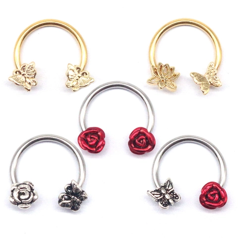Stainless Steel Horseshoe Nose Ring Butterfly Lotus Rose Flower Design Non-Pierced Magnetic Piercing Jewelry For Women Men