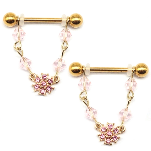 Stainless Steel Flower Nipple Ring With Alloy Pendant And Rhinestone Inlaid Chain Piercing Jewelry For Women