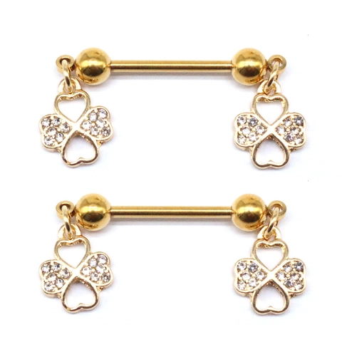 Goldene Legierung Strass Vierblättriges Kleeblatt Brustwarzenringe Für Damen Körperpiercing Schmuck Herzform Anhänger Nippelstecker