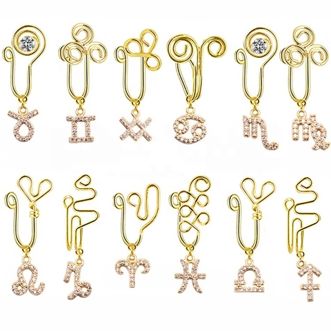12 Zodiac Constellation Non-Piercing Nose Cuff Gold Plated Copper Rhinestone Pendant Clip On Nose Ring For Women Jewelry