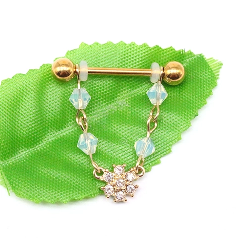 Stainless Steel Flower Nipple Ring With Alloy Pendant And Rhinestone Inlaid Chain Piercing Jewelry For Women