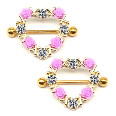 Heart Shaped Nipple Ring Shield With Resin Rose Flower Stainless Steel Barbell Body Piercing Jewelry Rhinestone Nipple Piercing For Women