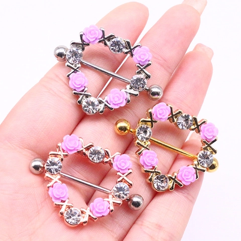Heart Shaped Nipple Ring Shield With Resin Rose Flower Stainless Steel Barbell Body Piercing Jewelry Rhinestone Nipple Piercing For Women