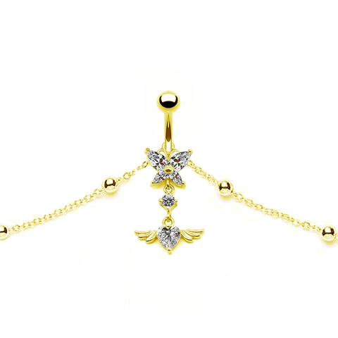 Fashion Alloy Rhinestone Butterfly Heart Wing Belly Ring Waist Chain For Women Western Style Body Chain Jewelry Birthday Gift