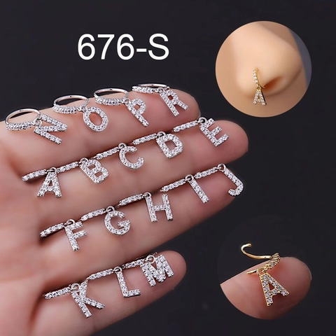 Stainless Steel Letter Pendant Nose Ring Initial Dangle Body Piercing Jewelry Rhinestone Alphabet Nose Stud For Women Men