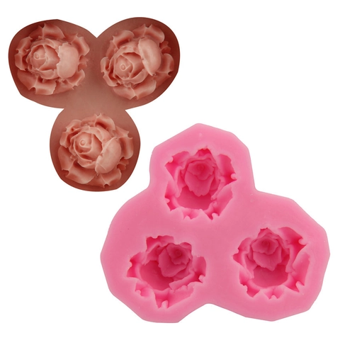 Triple Rose Flower Silicone Cake Mold DIY Fondant Baking Tool Chocolate Jelly Ice Cube Mold Pink Flexible Dessert Decoration Mold