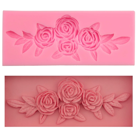 Rose Flower With Leaves Silicone Mold 3D Relief Fondant Cake Decorating Tool Chocolate Sugarcraft Handmade Soap DIY Mold