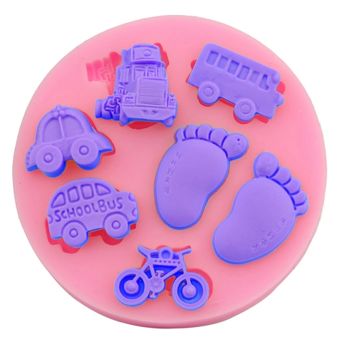 Car Bus Bicycle Baby Footprint Silicone Cake Mold DIY Fondant Chocolate Candy Jelly Soap Baking Tool Kitchen Accessories