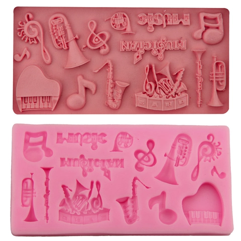 Molde de Silicona para Pasteles Instrumento Musical Herramientas para Hornear Fondant DIY Piano Saxofón Forma de Nota Molde para Chocolate Rosa