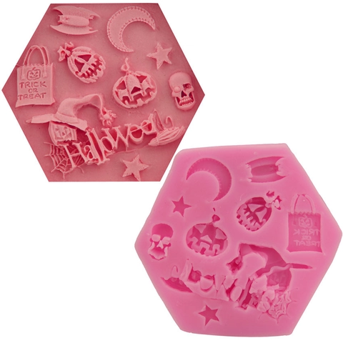 Molde de Silicona para Pasteles Tema Mago de Halloween Calabaza Calavera Fondant DIY Herramienta de Horneado Molde Flexible Rosa