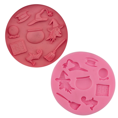 Halloween Wizard Witch Silicone Fondant Mold Witch Hat Broom Bat Cauldron Shaped Chocolate Cake Decorating Baking Tool
