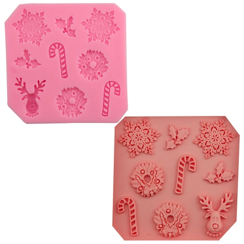 Molde para Pasteles de Fondant de Silicona de Navidad Rosa Patrón de Reno Copo de Nieve Herramienta de Decoración de Chocolate DIY