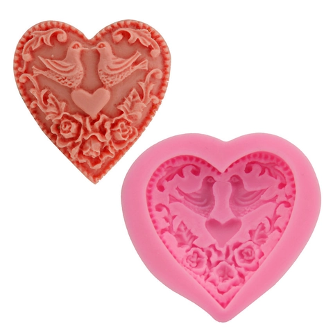 Silicone Heart Mold With Birds And Roses For Fondant Chocolate Cake DIY Handmade Soap Baking Tools Pink Relief Mold