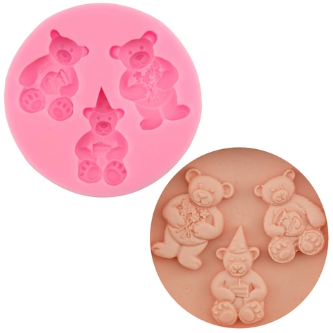 Three Little Bears Shaped Silicone Fondant Mold Pink Cartoon Bear Chocolate Candy DIY Baking Tools For Cake Decoration