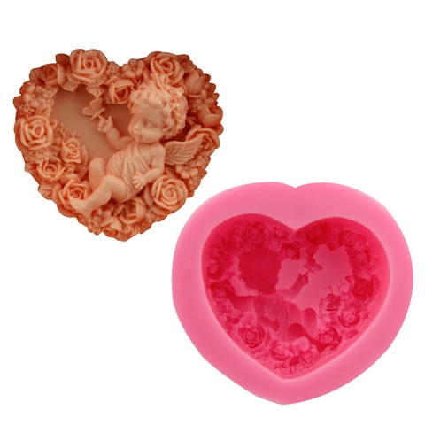 Molde de Silicona en Forma de Corazón Ángel 3D con Relieve de Rosa para Jabón Artesanal Chocolate Vela Decoración de Pasteles