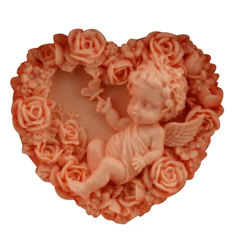Molde de Silicona en Forma de Corazón Ángel 3D con Relieve de Rosa para Jabón Artesanal Chocolate Vela Decoración de Pasteles