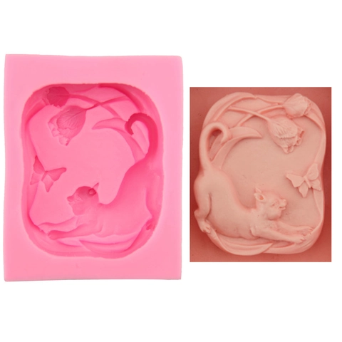 Cat Butterfly Flower 3D Relief Silicone Mold For Cake Chocolate Fondant Soap DIY Baking Tool Pink Embossed Craft Mold