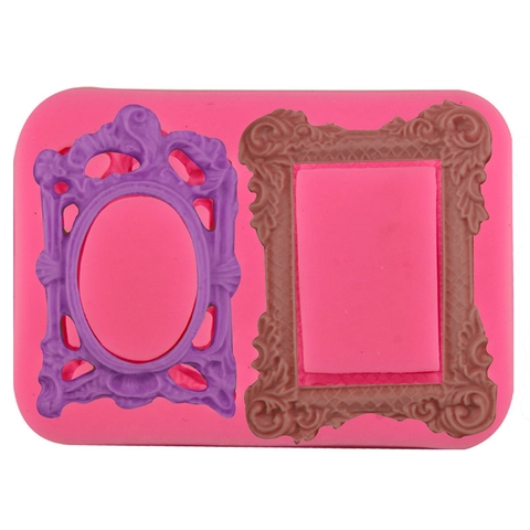 Baroque Relief Frame Silicone Cake Mold Vintage Oval Rectangular Mirror Fondant Mold Chocolate DIY Baking Tool Pink Flexible Easy Release