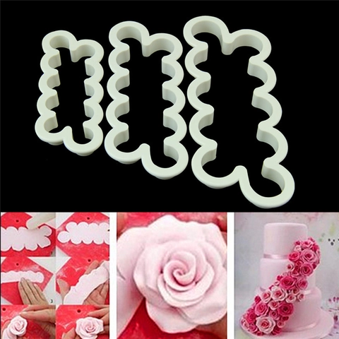 3Pcs Integrated Rose Flower Cutters Plastic Fondant Cake Mold Scalloped Edge Cookie Embossing Press Baking Tools For DIY