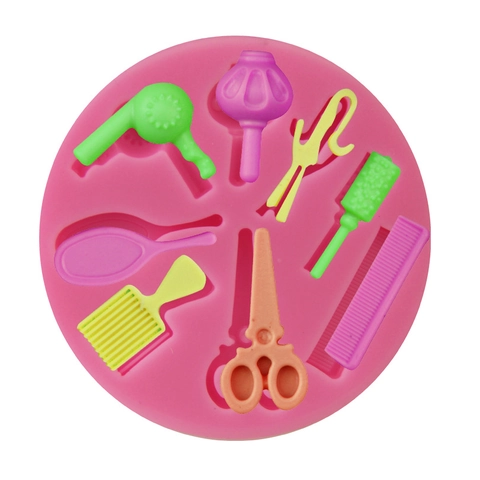 Hair Salon Tools Shape Silicone Fondant Mold For Cake Decoration DIY Baking Tools Including Scissors Comb Hairdryer Pink