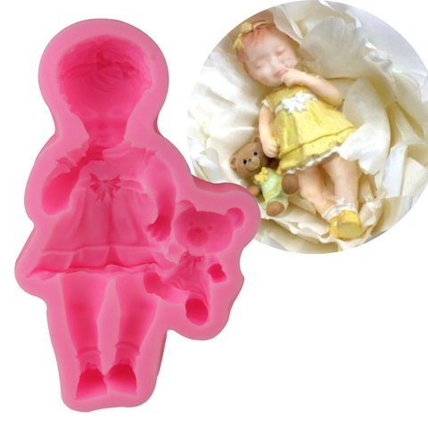 Mädchen hält Teddybär Silikon Kuchenform Fondant Schokolade DIY Backwerkzeug Rosa Babypuppe Form für Tortendekoration