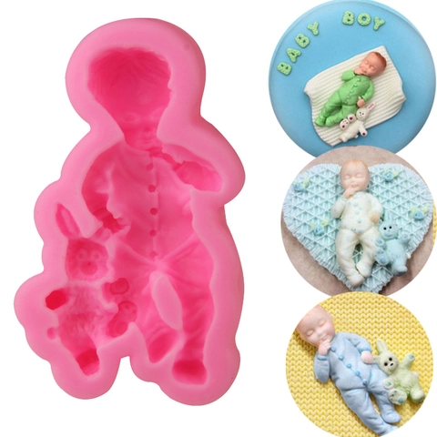 Baby Boy Holding Rabbit Silicone Fondant Mold DIY Chocolate Baking Tool 3D Sleeping Infant Rabbit Shape Silicone Cake Mold