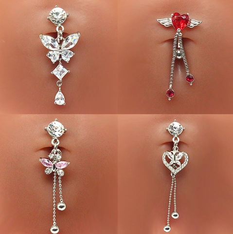 316L Stainless Steel Zirconia Belly Piercing Ring Butterfly Heart Tassel Dangling Navel Jewelry For Women Sexy Body Decoration