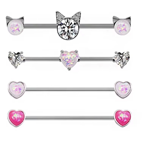 Stainless Steel Industrial Barbell Ear Piercing Jewelry Cat Heart Design With Synthetic Opal Rhinestone Decor For Women Men