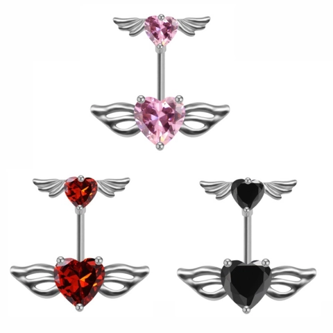 Acciaio Inossidabile 316L Cuore Ali d'Angelo Piercing all'Ombelico per Donna Rosa Nero Zirconia Intarsiato Gioielli Piercing