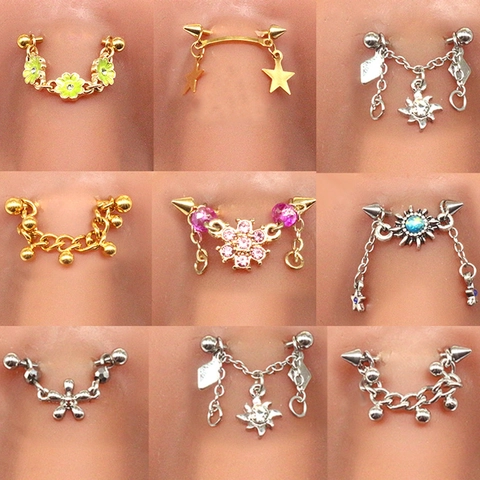 Stainless Steel Bridge Piercing Jewelry For Women Men Punk Gothic Chain Star Sun Flower Pendant Eyebrow Ring Body Jewelry