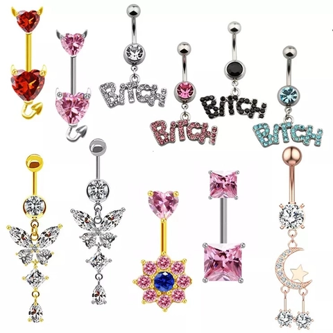 Piercing all'Ombelico in Acciaio Inossidabile per Donna Zirconia Farfalla Cuore Diavolo Lettera Gioielli per Piercing al Corpo
