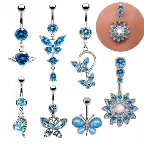 Stainless Steel Butterfly Heart Zirconia Synthetic Opal Belly Button Ring Navel Piercing Jewelry Fashion Women Accessory