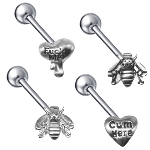 Piercing de Langue en Acier Inoxydable Abeille Et Cœur Gravés Barbell Punk Bijoux de Corps Pour Hommes Femmes Argent