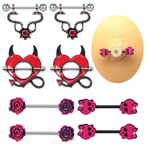 Gothic Punk Stainless Steel Nipple Rings For Women Men Devil Heart Skull Snake Rose Flower Inlaid Zirconia Body Piercing Jewelry