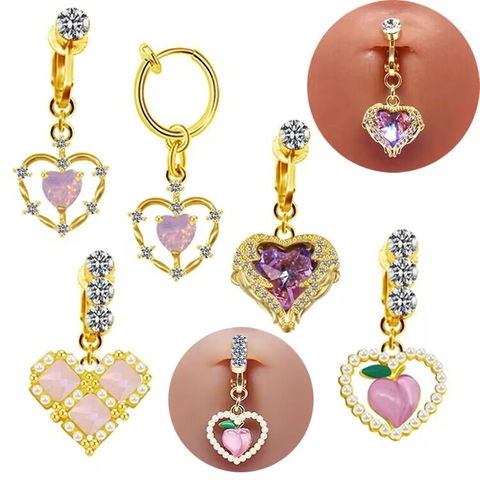 Stainless Steel Heart Shaped Non-Pierced Navel Ring Sweet Peach Pendant Dual-Use Ear Clip Rhinestone Artificial Pearl Body Jewelry For Women