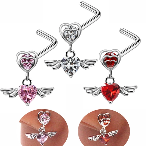 Stainless Steel Heart Angel Wing Dangle Nose Stud L-Shaped Zirconia Inlaid Body Piercing Jewelry For Women Men