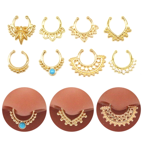 Vintage Stainless Steel Fake Nose Ring Non-Pierced Septum Jewelry Bohemian Geometric Inlaid Zirconia Fake Septum Ring For Women Men Party Decoration