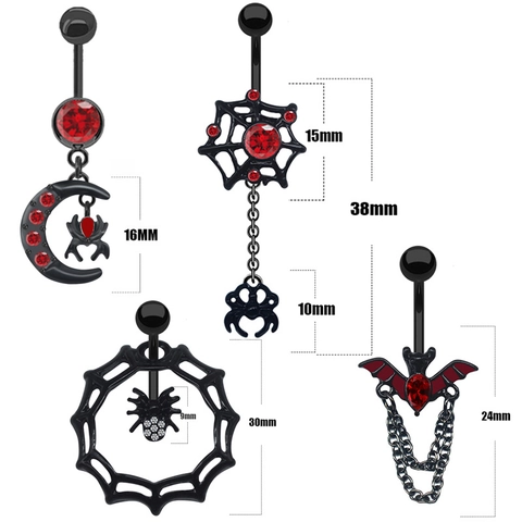 Gothic Black 316L Stainless Steel Spider Web Bat Navel Ring With Red Zirconia Halloween Body Piercing Jewelry For Women