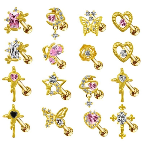 Bijoux de Piercing en Acier Inoxydable 316L Cuivre Zirconia Boucles d'Oreilles Clous Croix Cœur Lave Fondue Or Argent Unisexe