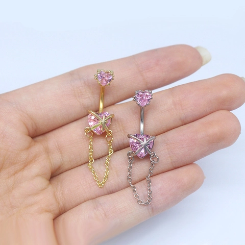 Anillo de Ombligo de Circón con Forma de Corazón y Flor Joyas de Piercing para el Ombligo de Acero Inoxidable con Borla de Cadena para Mujer