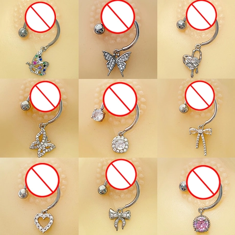 316 Stainless Steel Butterfly Heart Nipple Rings For Women Internal Thread Zircon Body Piercing Jewelry Silver Plated Stud
