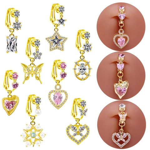Copper Zirconia Clip-on Belly Ring For Women Gold Silver Plated Heart Butterfly Snowflake Star Non-pierced Body Jewelry