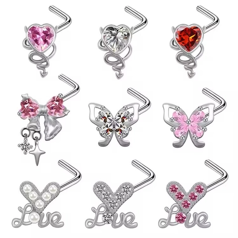 Piercing al Naso a Forma di L in Acciaio Inossidabile Cuore Farfalla Coda di Diavolo Rosa Rosso Bianco Zirconia Lettera Love Donna