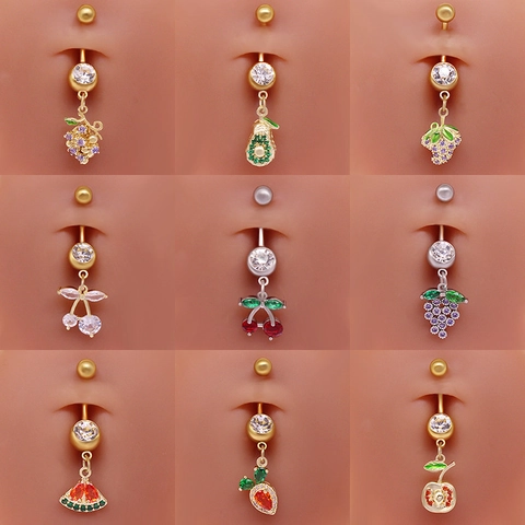 Anillos de Ombligo Colgante Fruta Zirconia Acero Inoxidable Chapado en Oro Plata Joyas Piercing Aguacate Fresa Uva