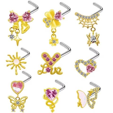 L-Shaped Nose Studs Stainless Steel Post Copper Zircon Butterfly Heart Bow Moon Star Dangle Body Piercing Jewelry For Women