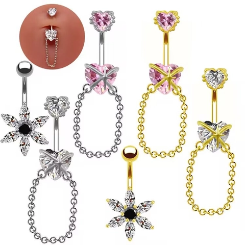 Anillo de Ombligo de Circón con Forma de Corazón y Flor Joyas de Piercing para el Ombligo de Acero Inoxidable con Borla de Cadena para Mujer