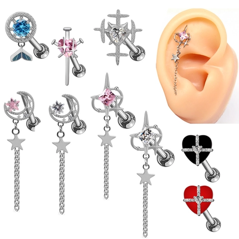 Sweet Cool Cross Heart Zirconia Body Piercing Jewelry Copper Star Moon Chain Tassel Ear Studs Belly Rings For Women Men