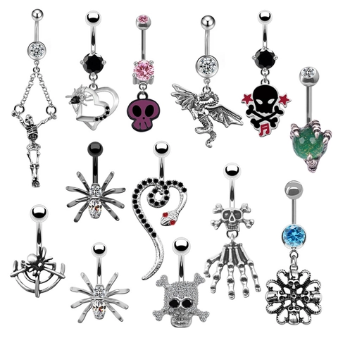 Gothic Punk Zinc Alloy Spider Skull Belly Rings For Women Men Rhinestone Hip Hop Piercing Jewelry Navel Rings Body Jewelry Gift