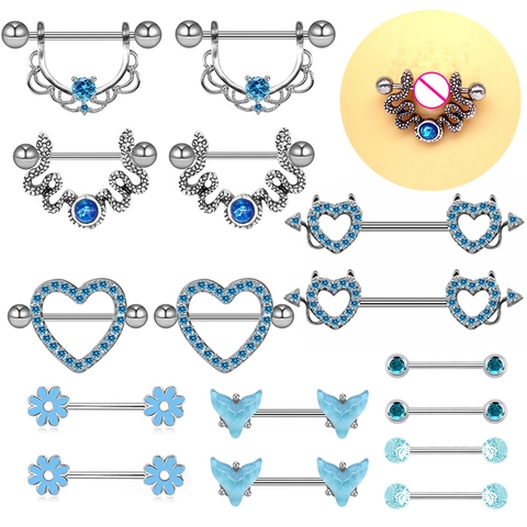 Stainless Steel Rhinestone Nipple Piercing Rings For Women Heart Snake Flower Design Light Blue Inlaid Body Jewelry